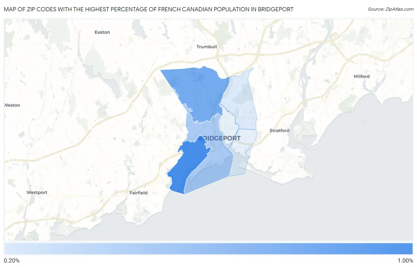 Zip Codes with the Highest Percentage of French Canadian Population in Bridgeport Map