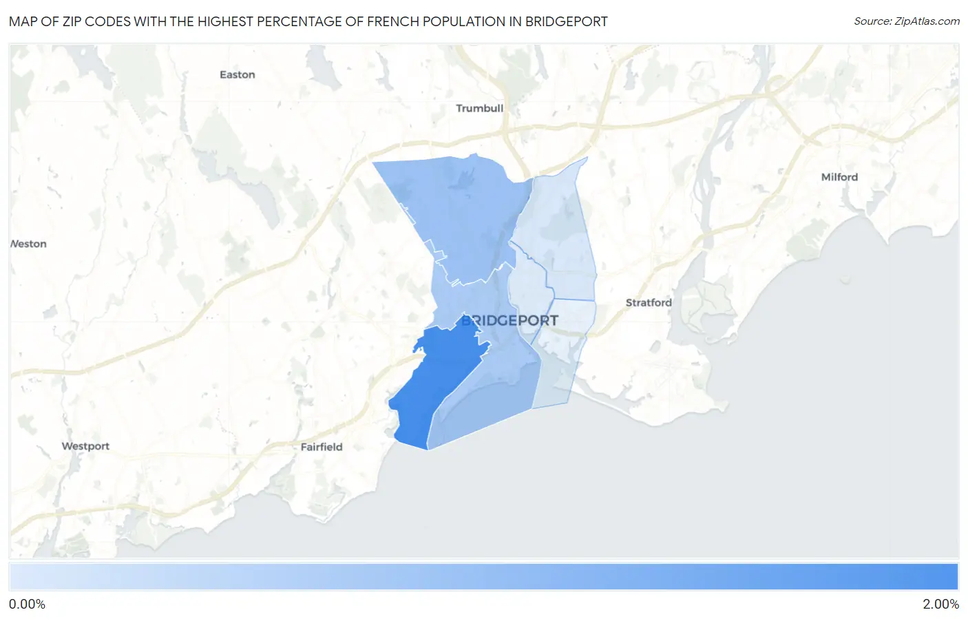 Zip Codes with the Highest Percentage of French Population in Bridgeport Map