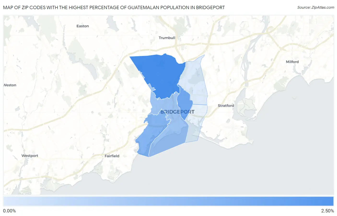 Zip Codes with the Highest Percentage of Guatemalan Population in Bridgeport Map