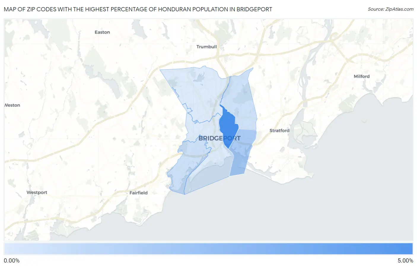 Zip Codes with the Highest Percentage of Honduran Population in Bridgeport Map