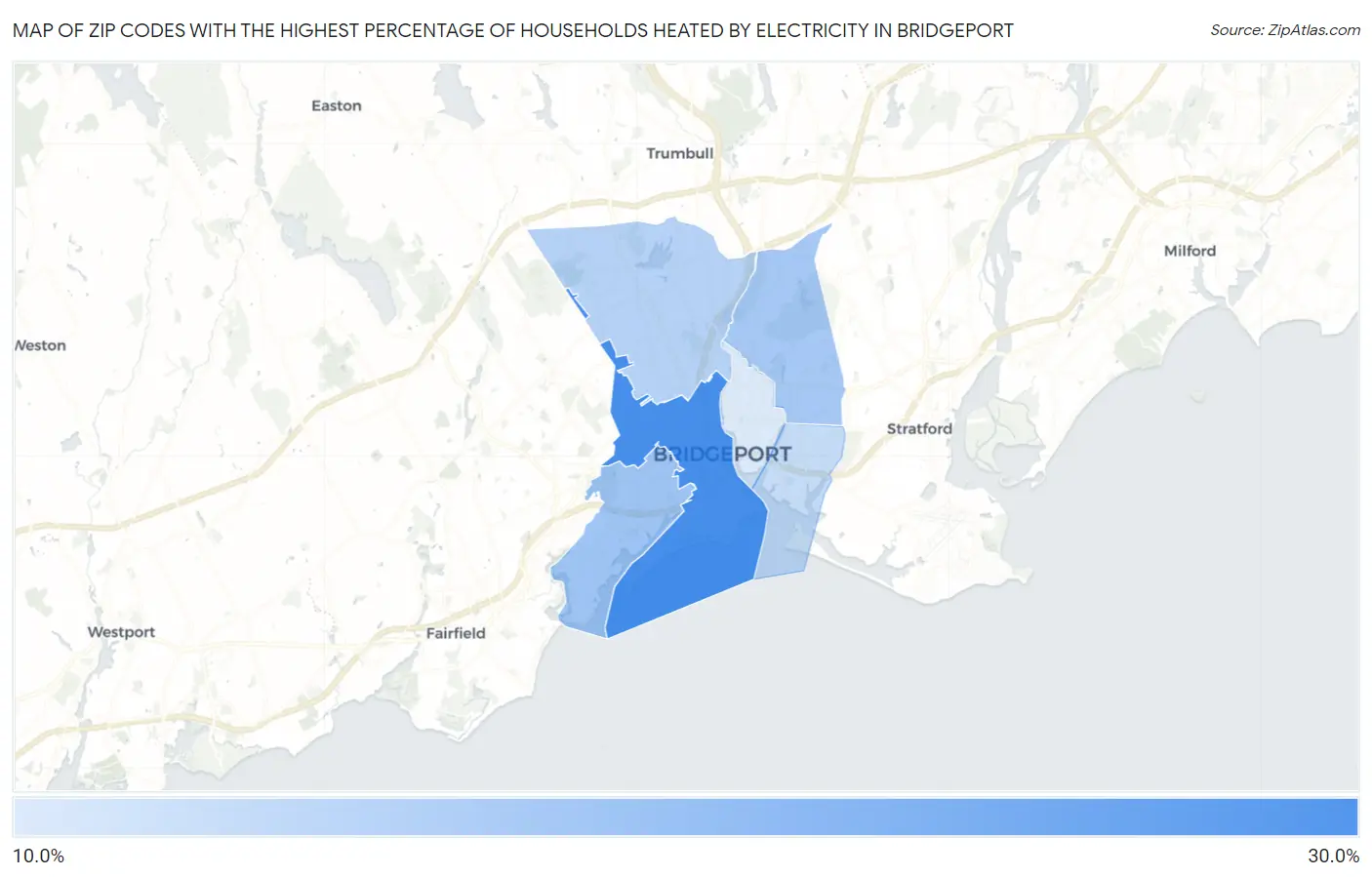 Zip Codes with the Highest Percentage of Households Heated by Electricity in Bridgeport Map