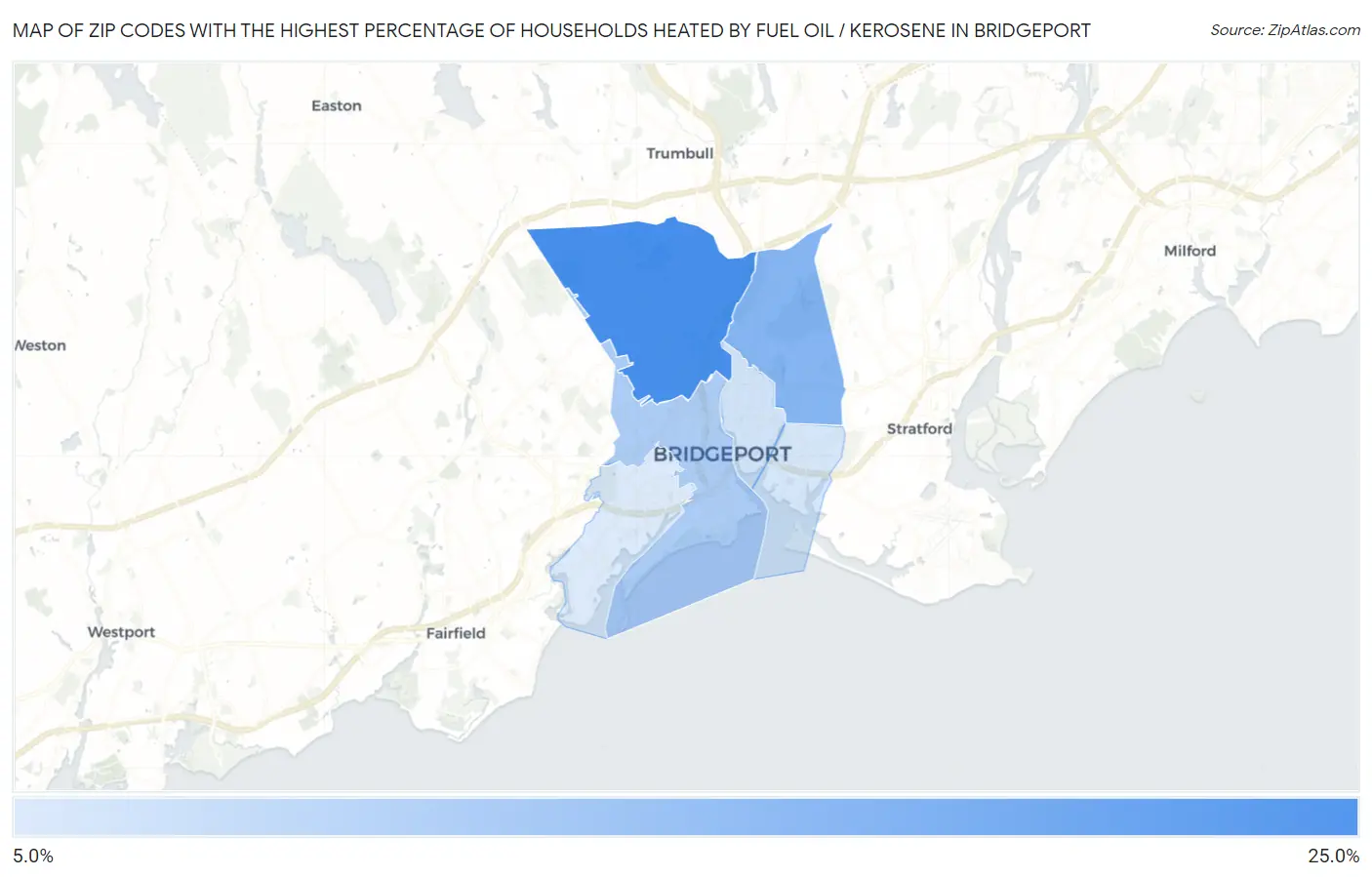 Zip Codes with the Highest Percentage of Households Heated by Fuel Oil / Kerosene in Bridgeport Map