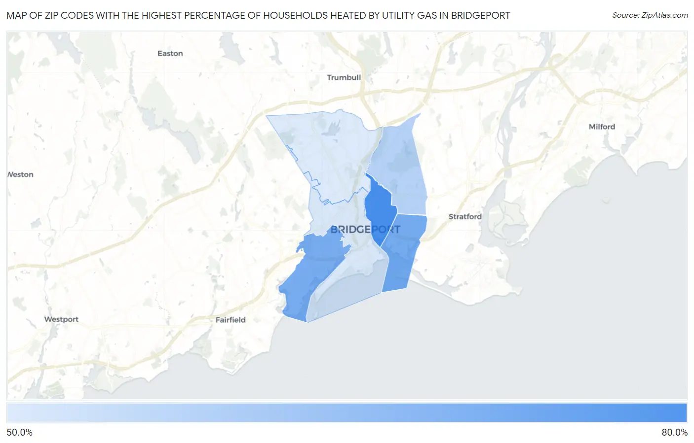 Zip Codes with the Highest Percentage of Households Heated by Utility Gas in Bridgeport Map