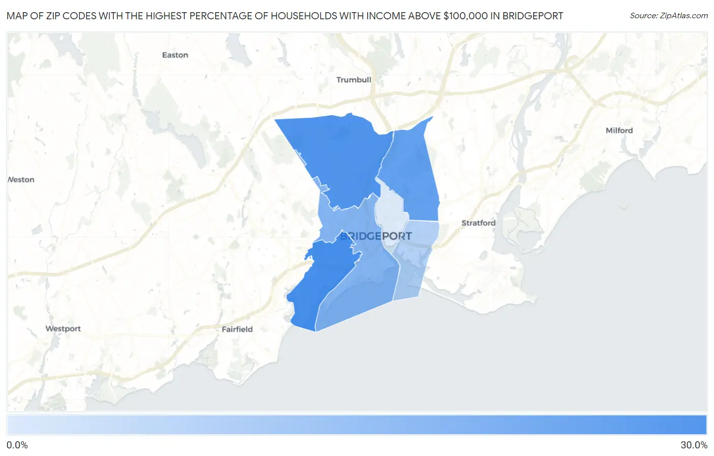 Zip Codes with the Highest Percentage of Households with Income Above $100,000 in Bridgeport Map