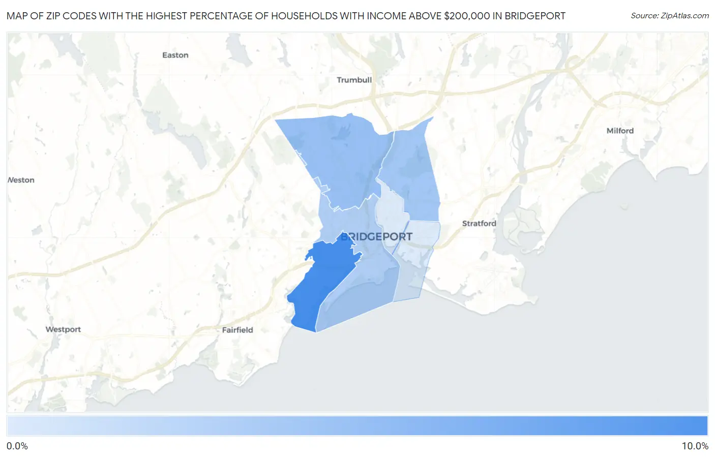Zip Codes with the Highest Percentage of Households with Income Above $200,000 in Bridgeport Map
