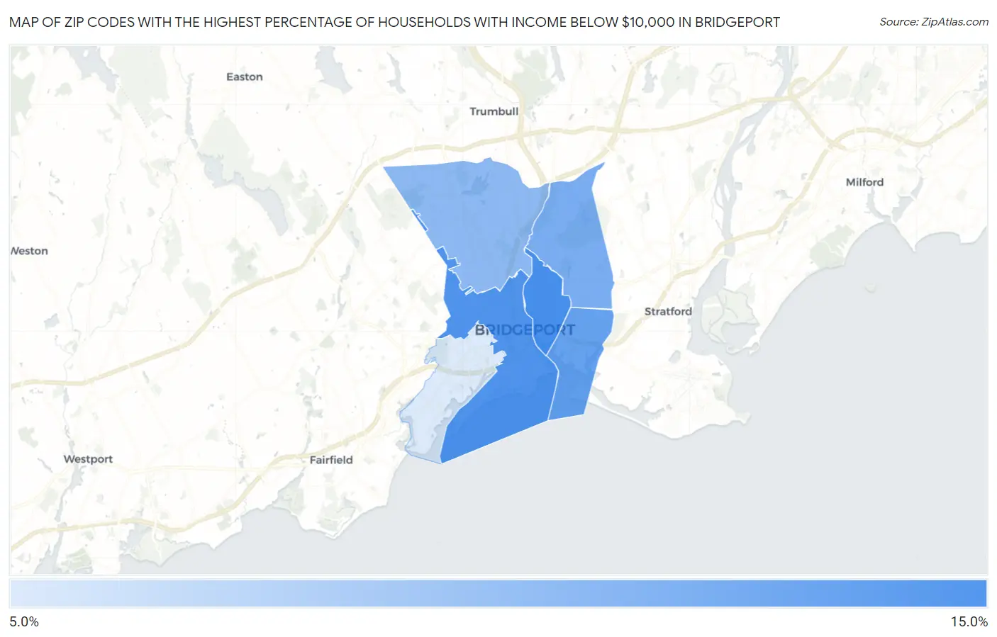 Zip Codes with the Highest Percentage of Households with Income Below $10,000 in Bridgeport Map