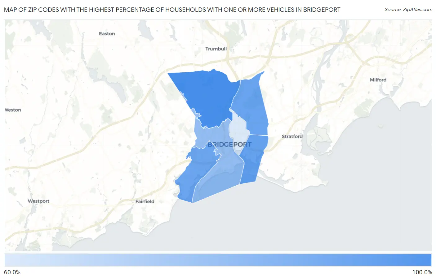 Zip Codes with the Highest Percentage of Households With One or more Vehicles in Bridgeport Map