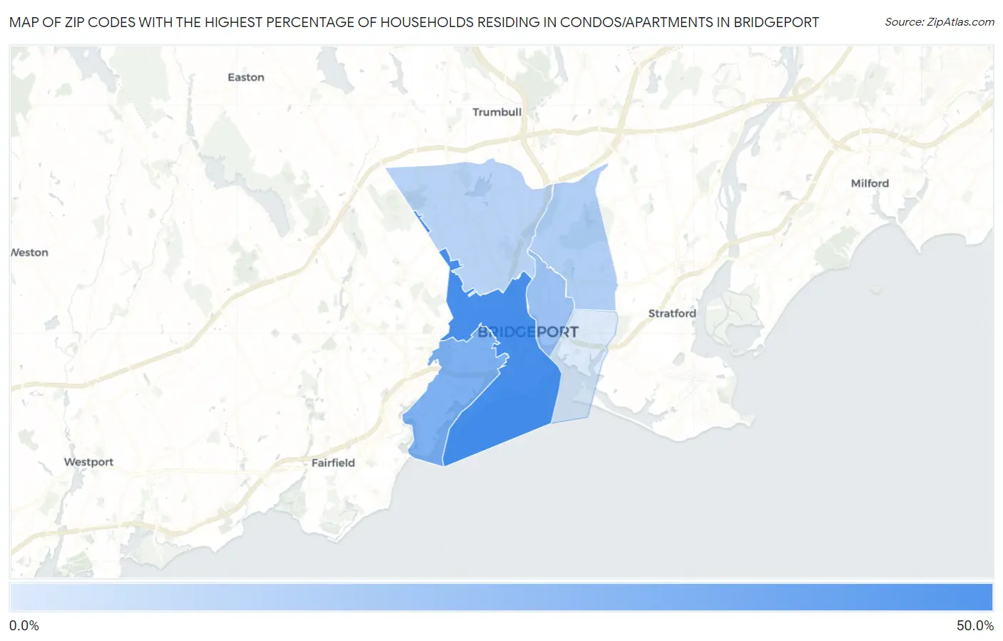 Zip Codes with the Highest Percentage of Households Residing in Condos/Apartments in Bridgeport Map