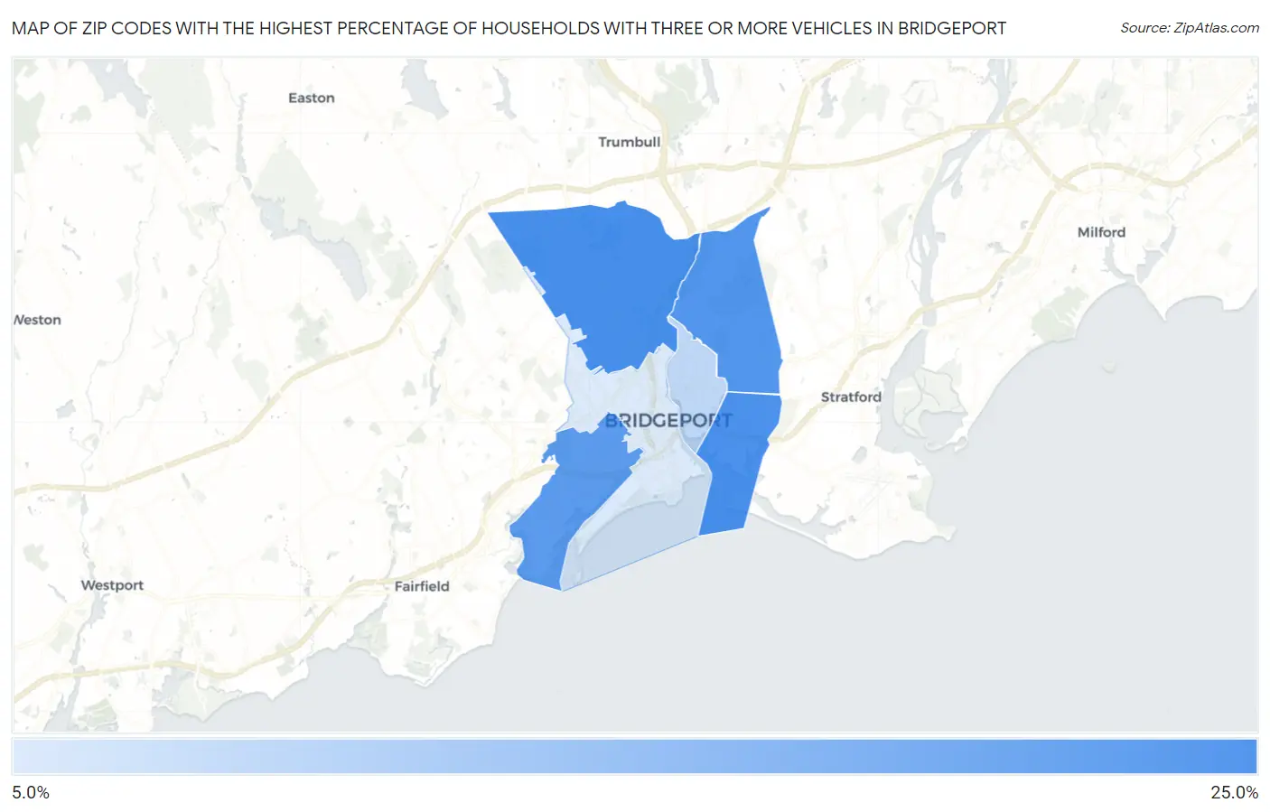 Zip Codes with the Highest Percentage of Households With Three or more Vehicles in Bridgeport Map