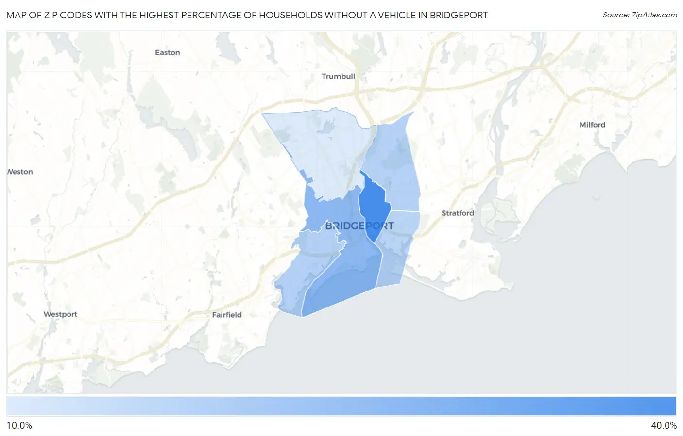 Zip Codes with the Highest Percentage of Households Without a Vehicle in Bridgeport Map