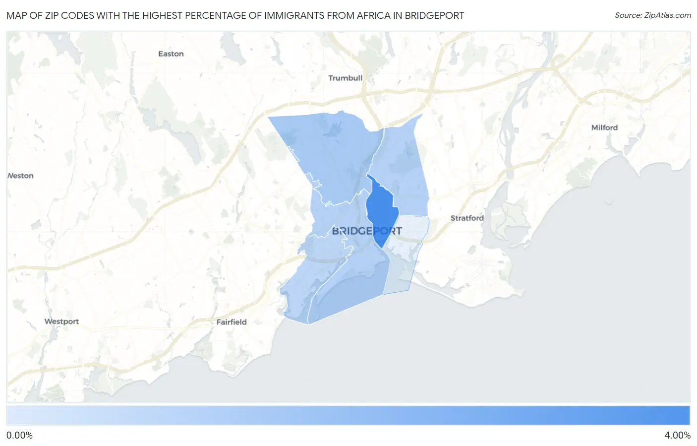 Zip Codes with the Highest Percentage of Immigrants from Africa in Bridgeport Map