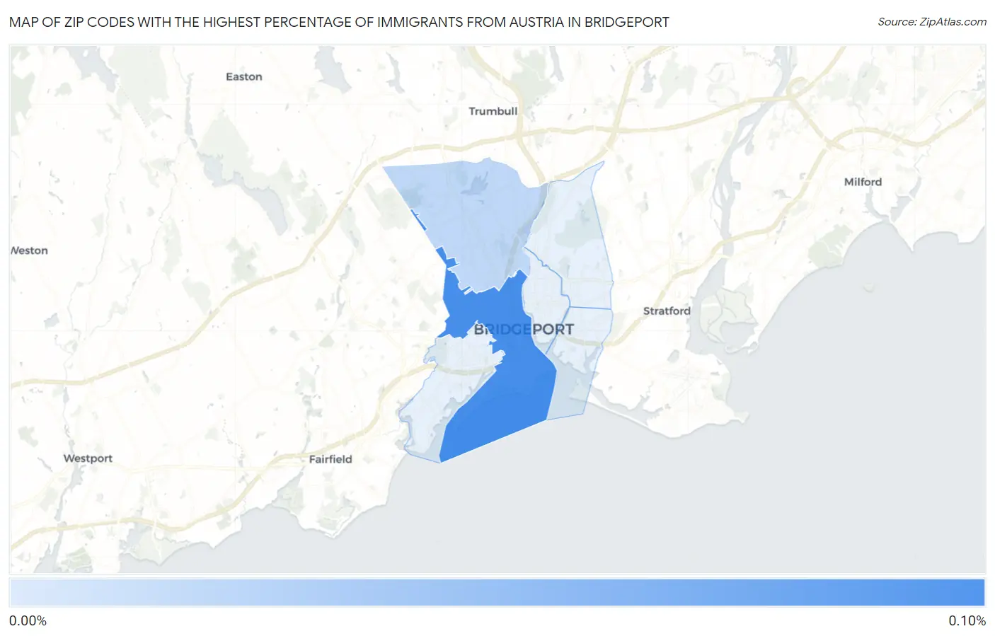Zip Codes with the Highest Percentage of Immigrants from Austria in Bridgeport Map