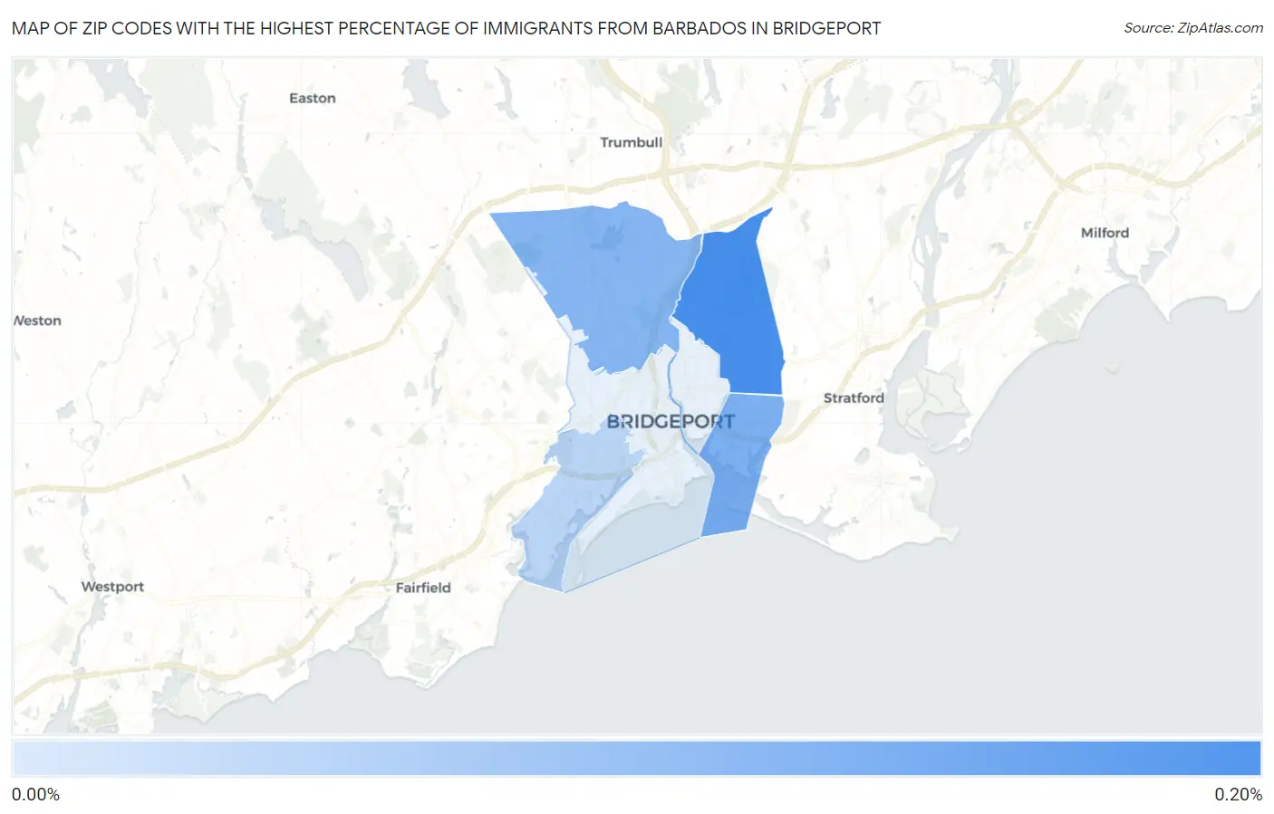 Zip Codes with the Highest Percentage of Immigrants from Barbados in Bridgeport Map