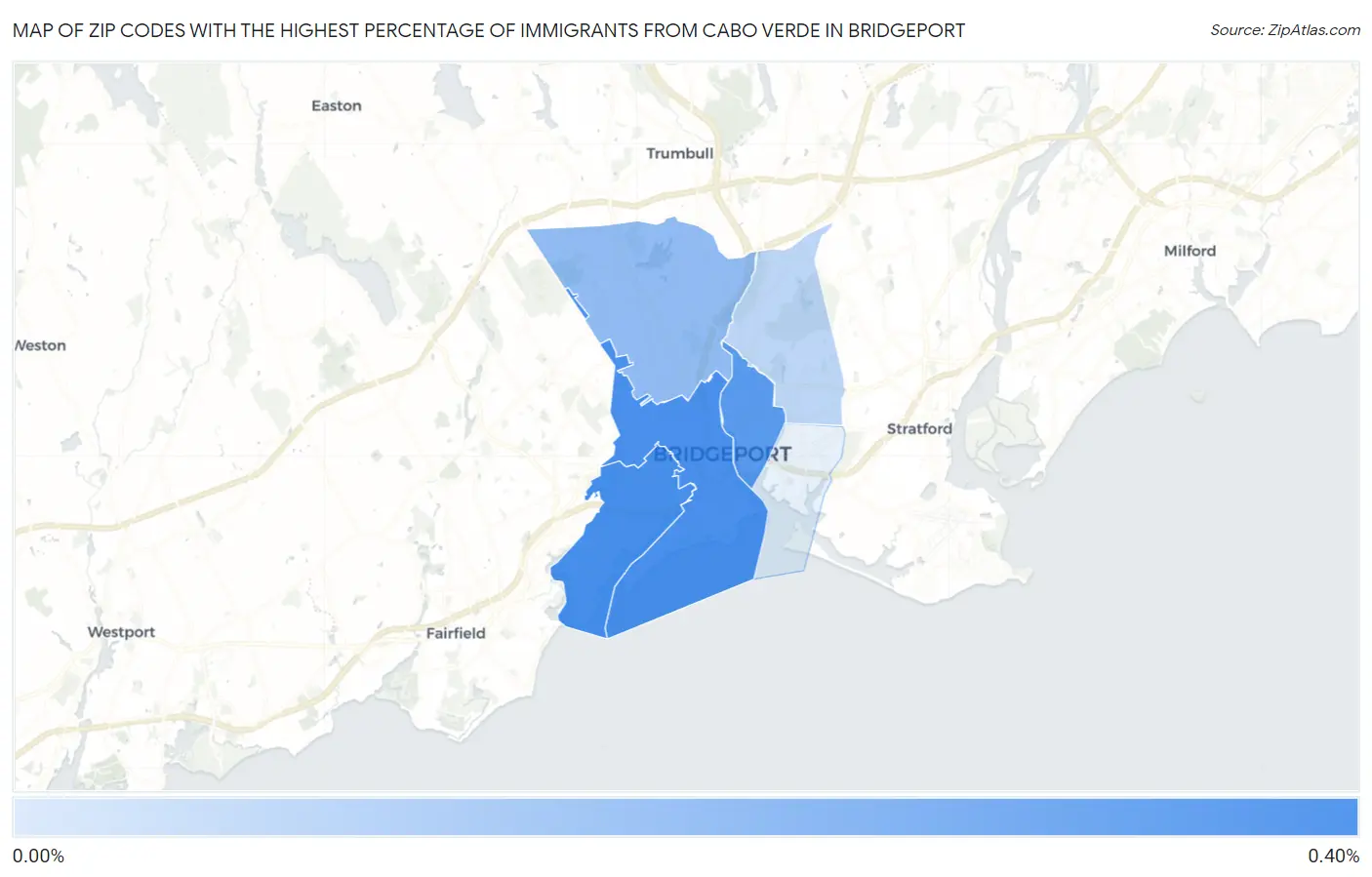 Zip Codes with the Highest Percentage of Immigrants from Cabo Verde in Bridgeport Map