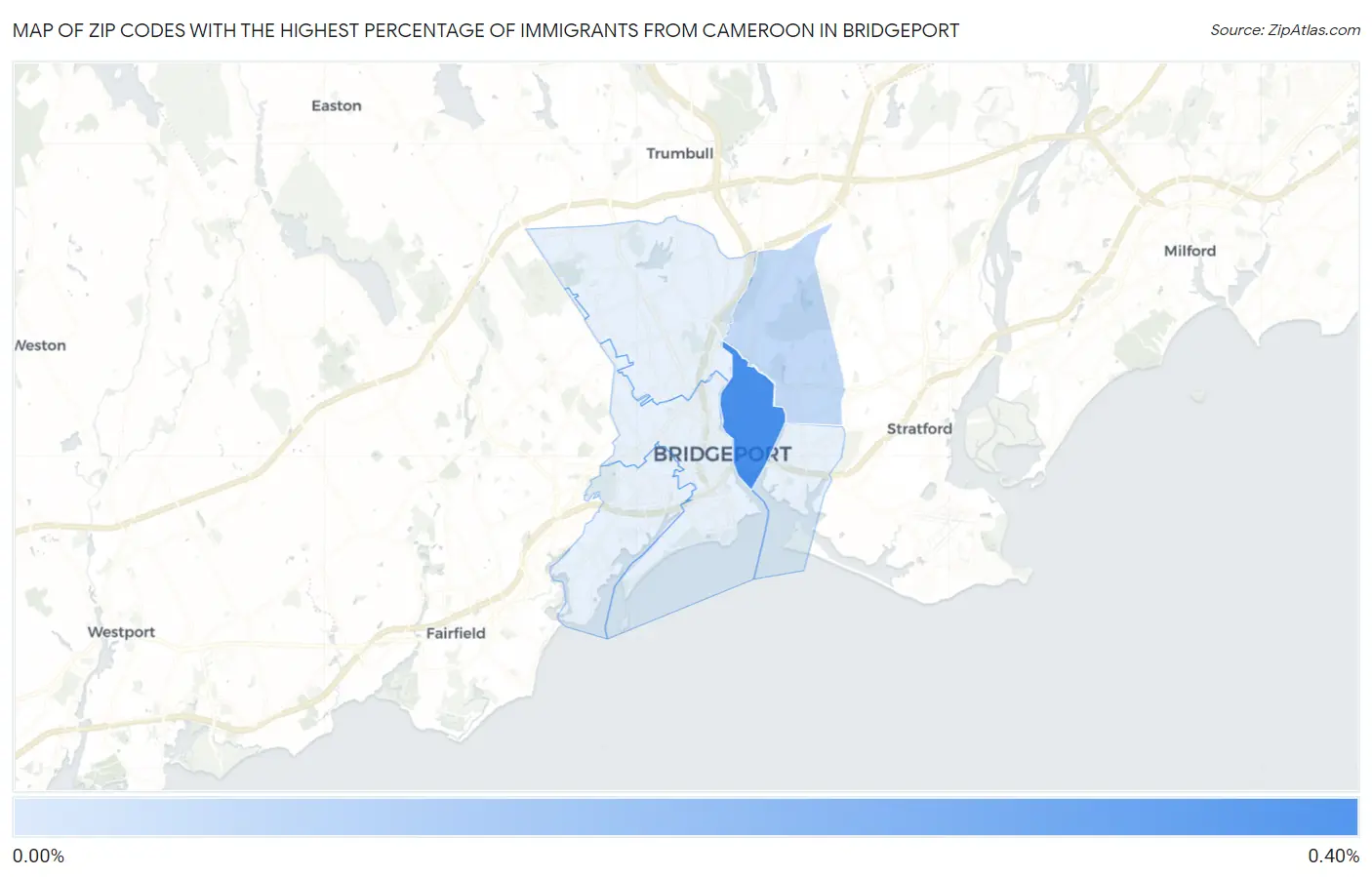 Zip Codes with the Highest Percentage of Immigrants from Cameroon in Bridgeport Map