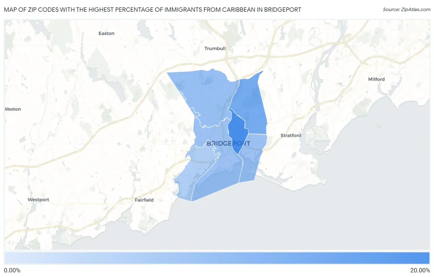 Zip Codes with the Highest Percentage of Immigrants from Caribbean in Bridgeport Map