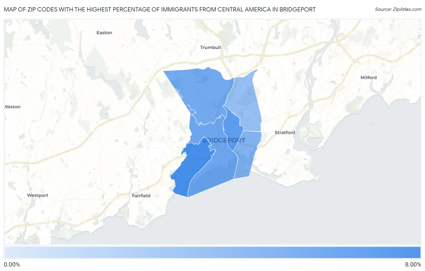 Zip Codes with the Highest Percentage of Immigrants from Central America in Bridgeport Map