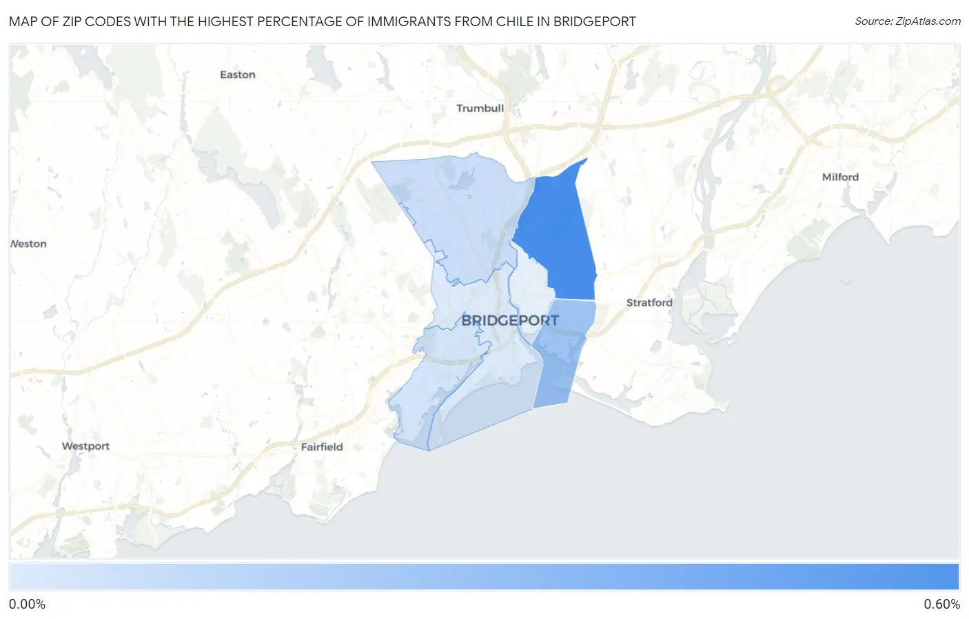Zip Codes with the Highest Percentage of Immigrants from Chile in Bridgeport Map