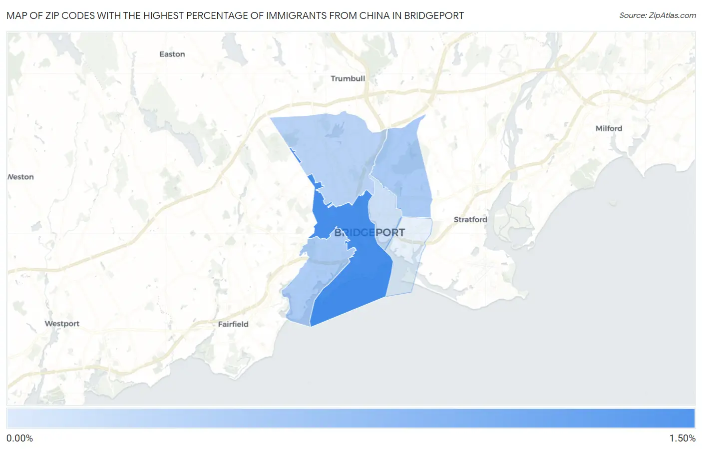 Zip Codes with the Highest Percentage of Immigrants from China in Bridgeport Map