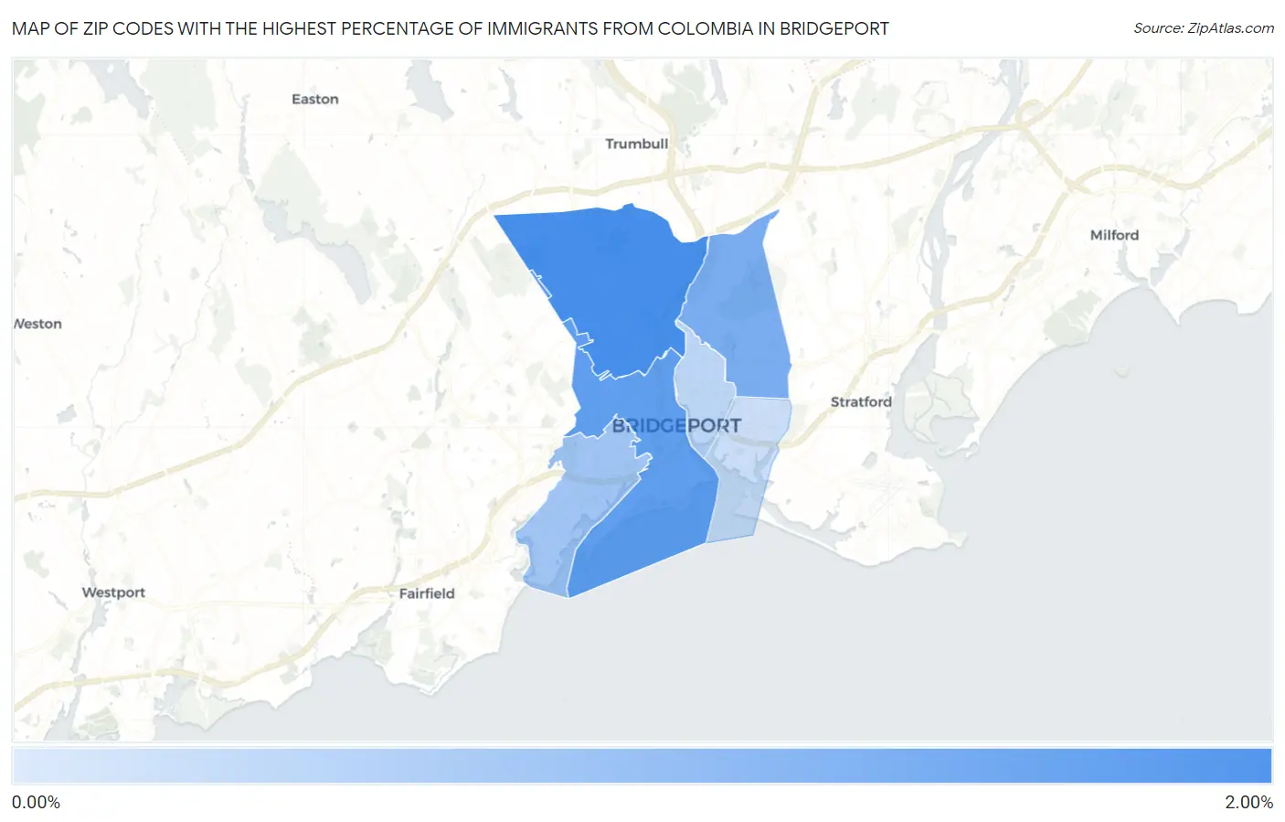 Zip Codes with the Highest Percentage of Immigrants from Colombia in Bridgeport Map