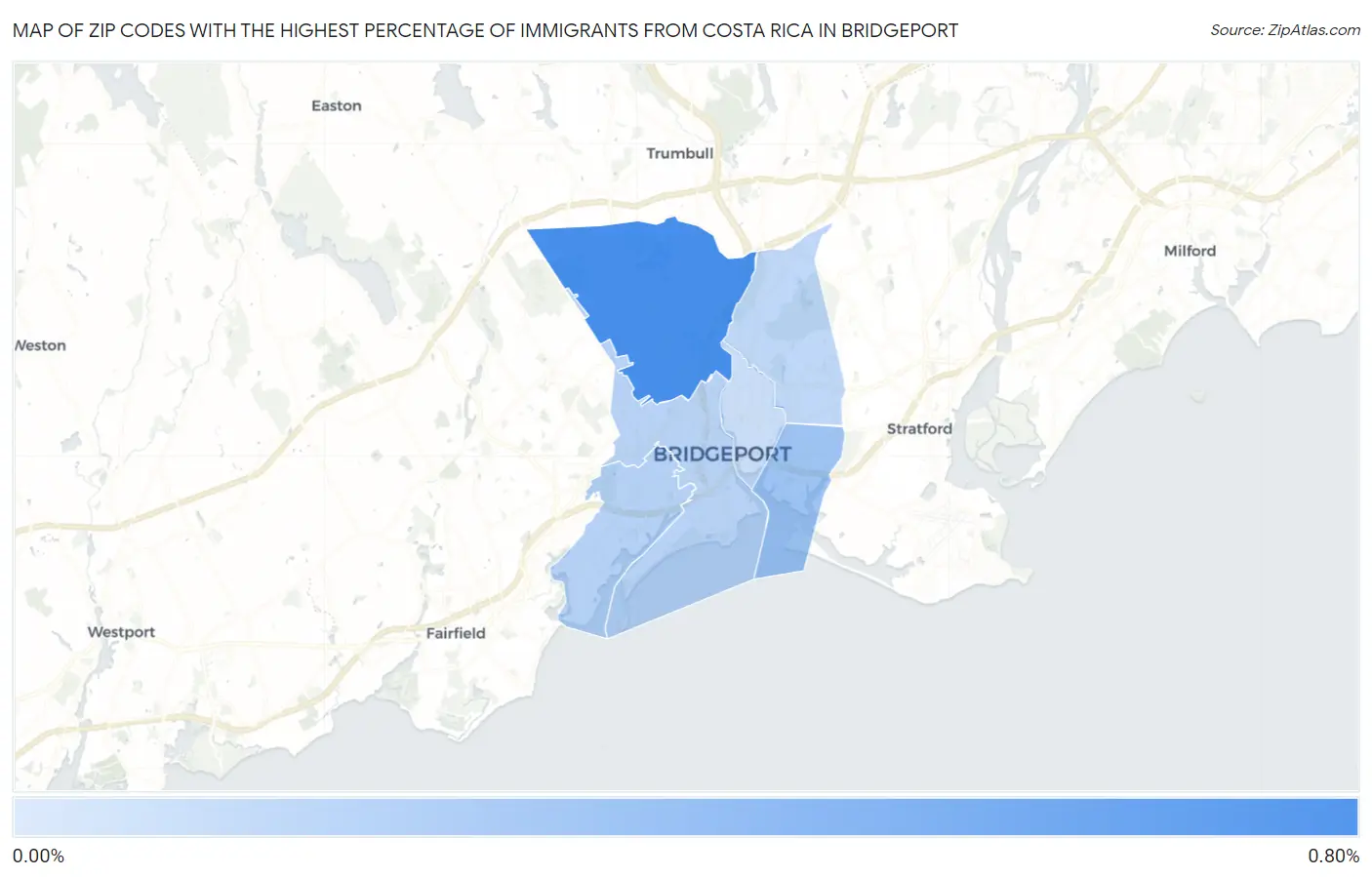 Zip Codes with the Highest Percentage of Immigrants from Costa Rica in Bridgeport Map
