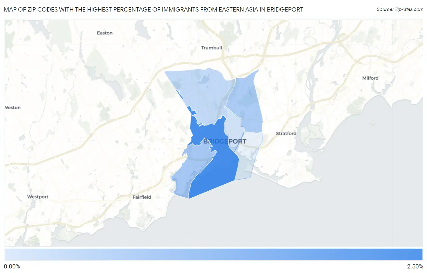 Zip Codes with the Highest Percentage of Immigrants from Eastern Asia in Bridgeport Map