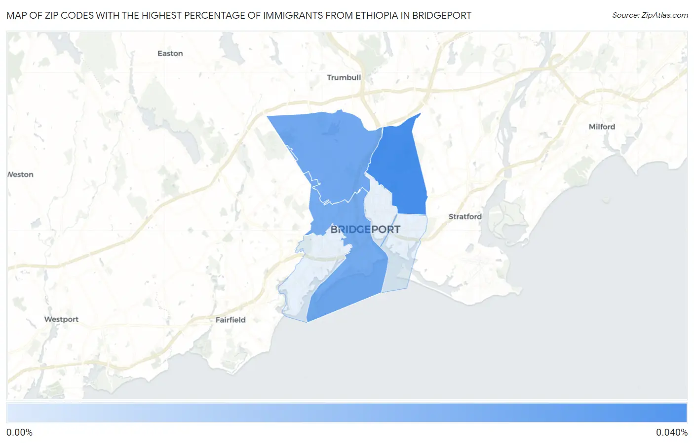 Zip Codes with the Highest Percentage of Immigrants from Ethiopia in Bridgeport Map