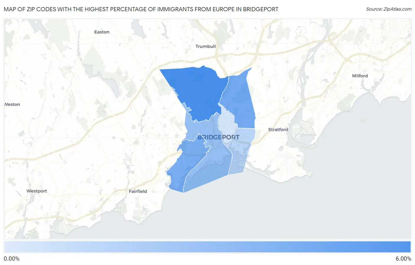 Zip Codes with the Highest Percentage of Immigrants from Europe in Bridgeport Map