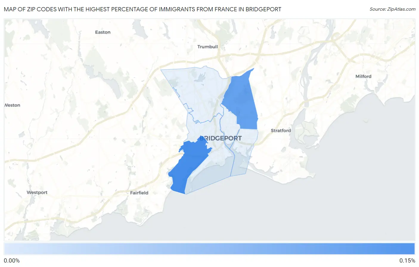 Zip Codes with the Highest Percentage of Immigrants from France in Bridgeport Map