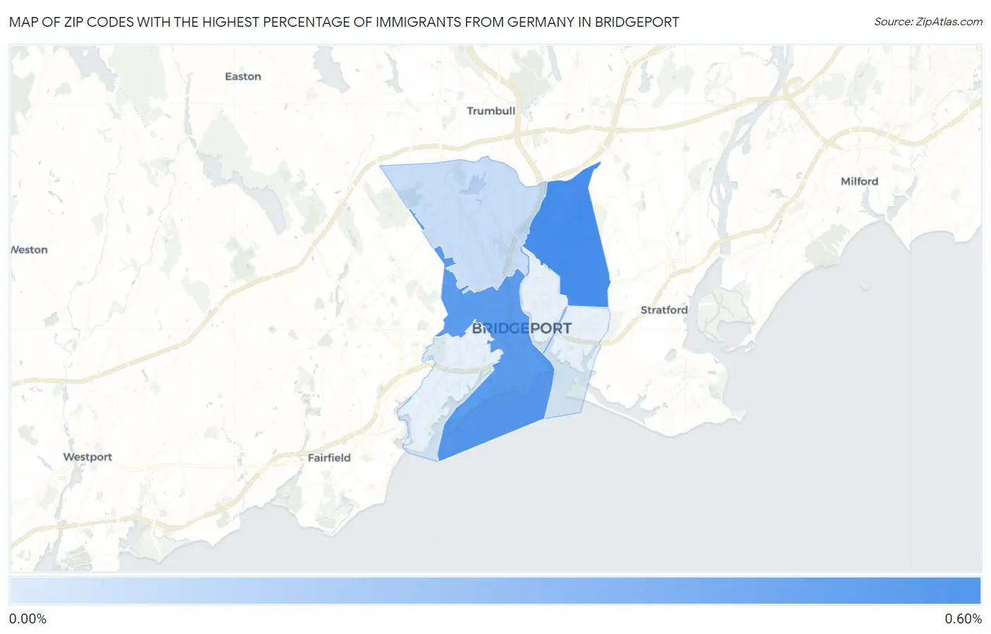 Zip Codes with the Highest Percentage of Immigrants from Germany in Bridgeport Map