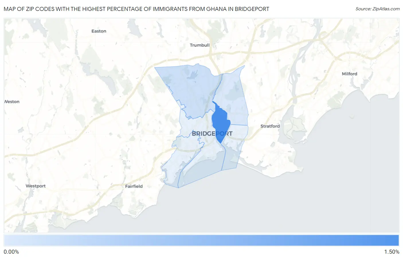 Zip Codes with the Highest Percentage of Immigrants from Ghana in Bridgeport Map