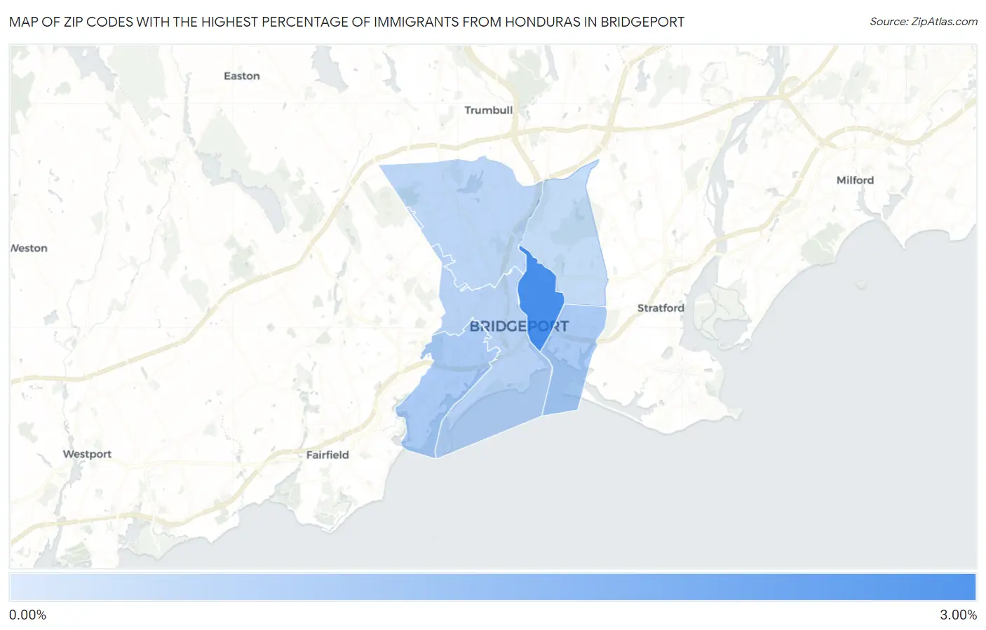 Zip Codes with the Highest Percentage of Immigrants from Honduras in Bridgeport Map