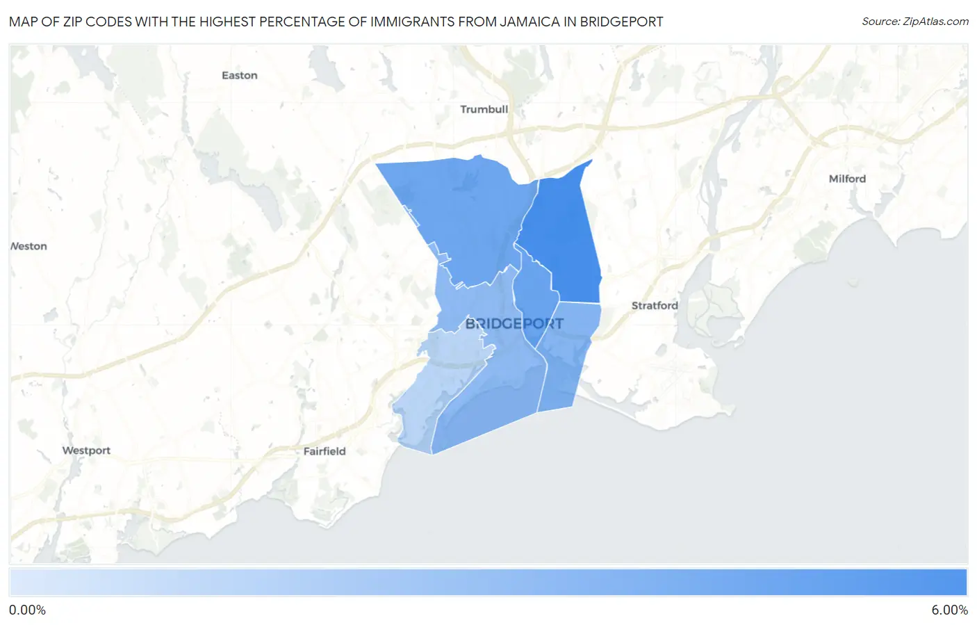 Zip Codes with the Highest Percentage of Immigrants from Jamaica in Bridgeport Map