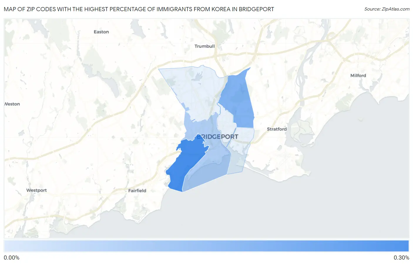 Zip Codes with the Highest Percentage of Immigrants from Korea in Bridgeport Map