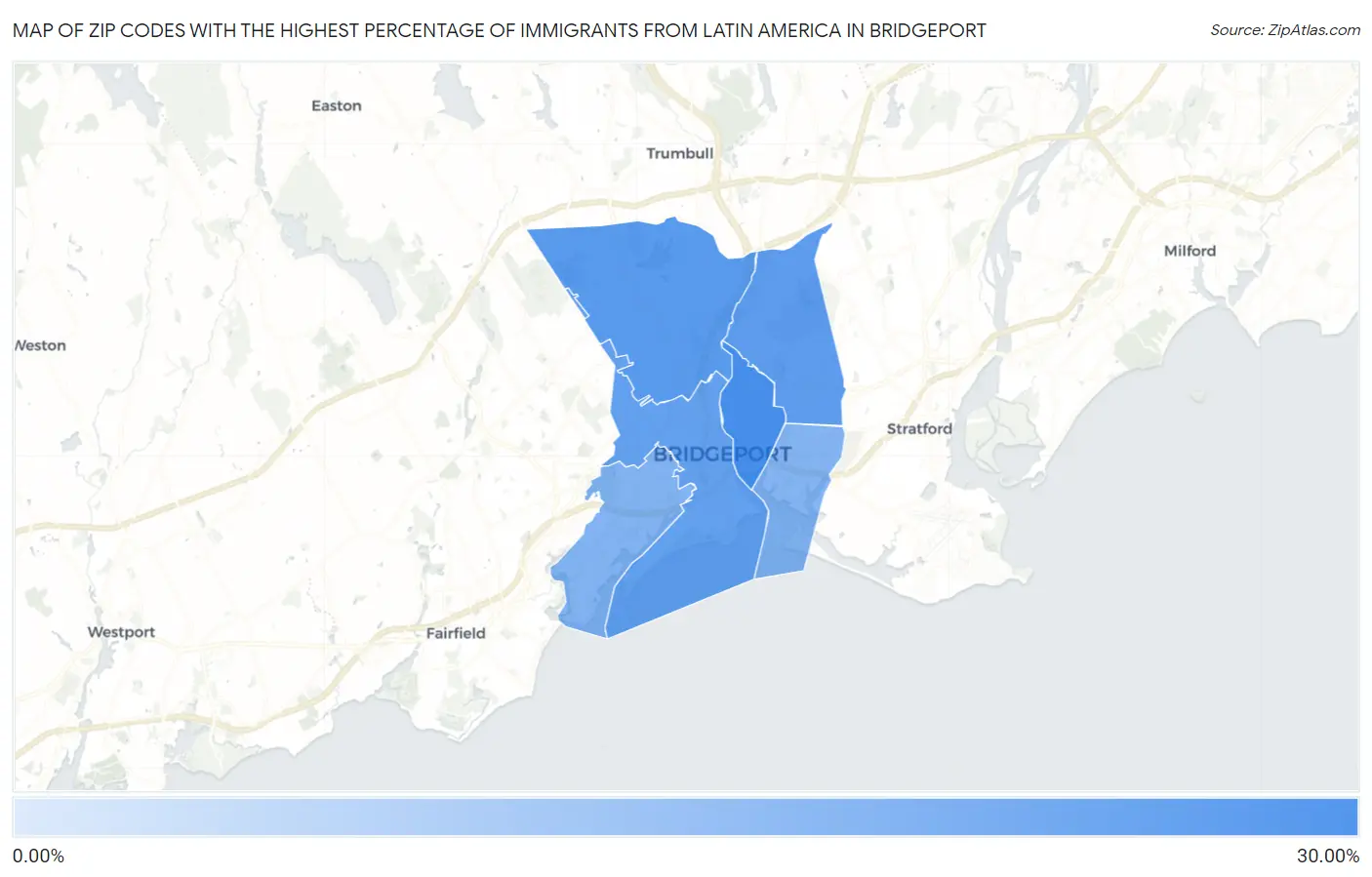 Zip Codes with the Highest Percentage of Immigrants from Latin America in Bridgeport Map