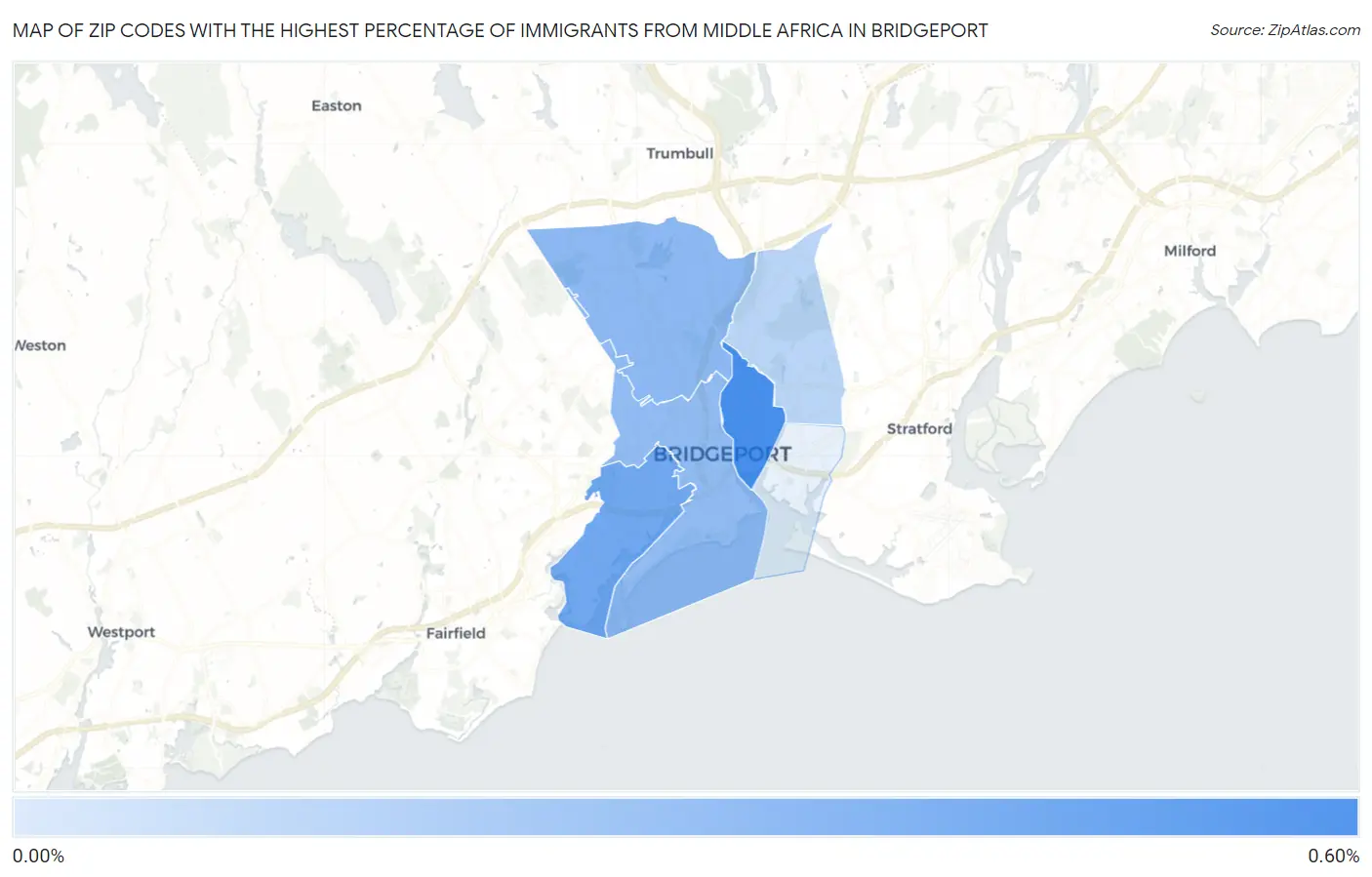 Zip Codes with the Highest Percentage of Immigrants from Middle Africa in Bridgeport Map