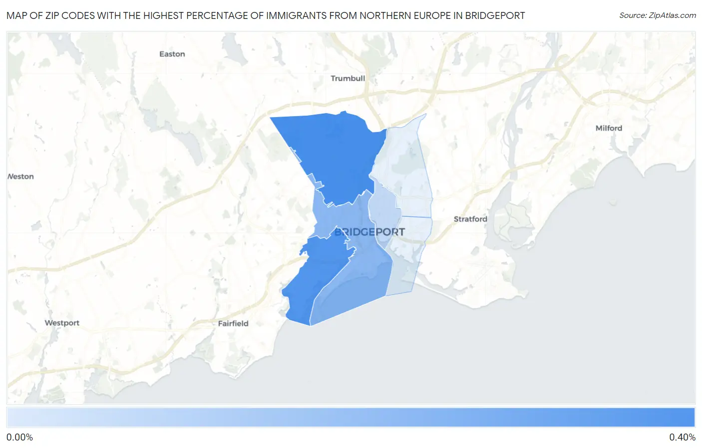 Zip Codes with the Highest Percentage of Immigrants from Northern Europe in Bridgeport Map
