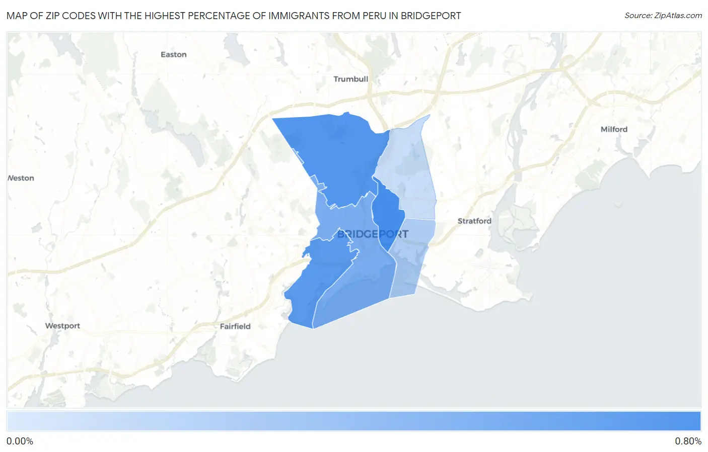 Zip Codes with the Highest Percentage of Immigrants from Peru in Bridgeport Map