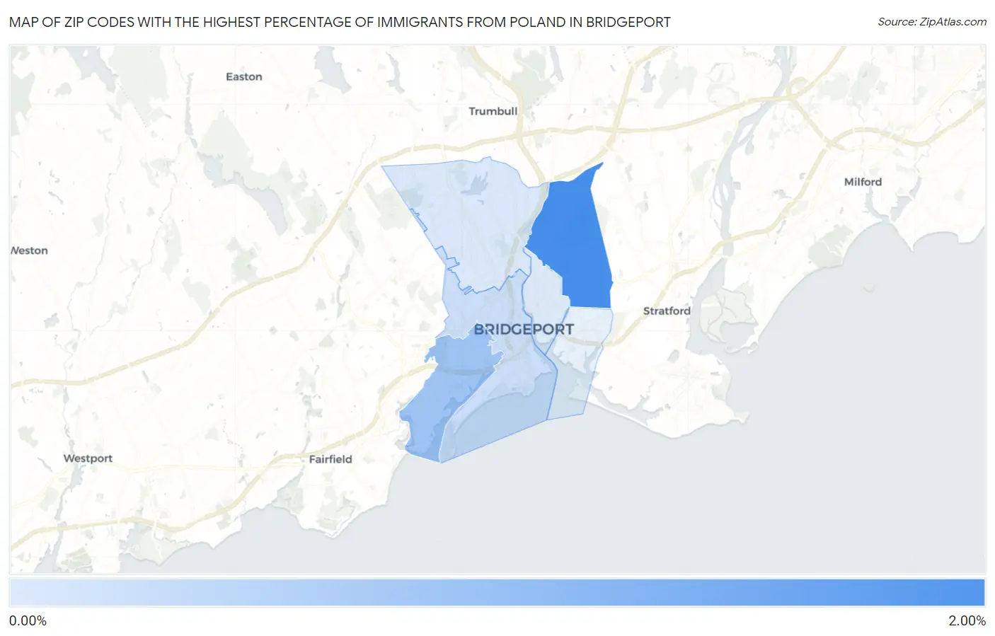 Zip Codes with the Highest Percentage of Immigrants from Poland in Bridgeport Map