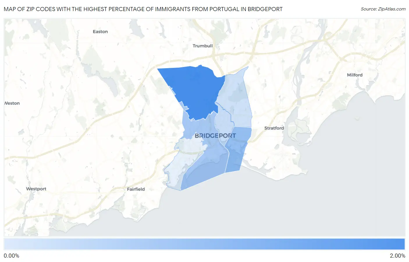 Zip Codes with the Highest Percentage of Immigrants from Portugal in Bridgeport Map