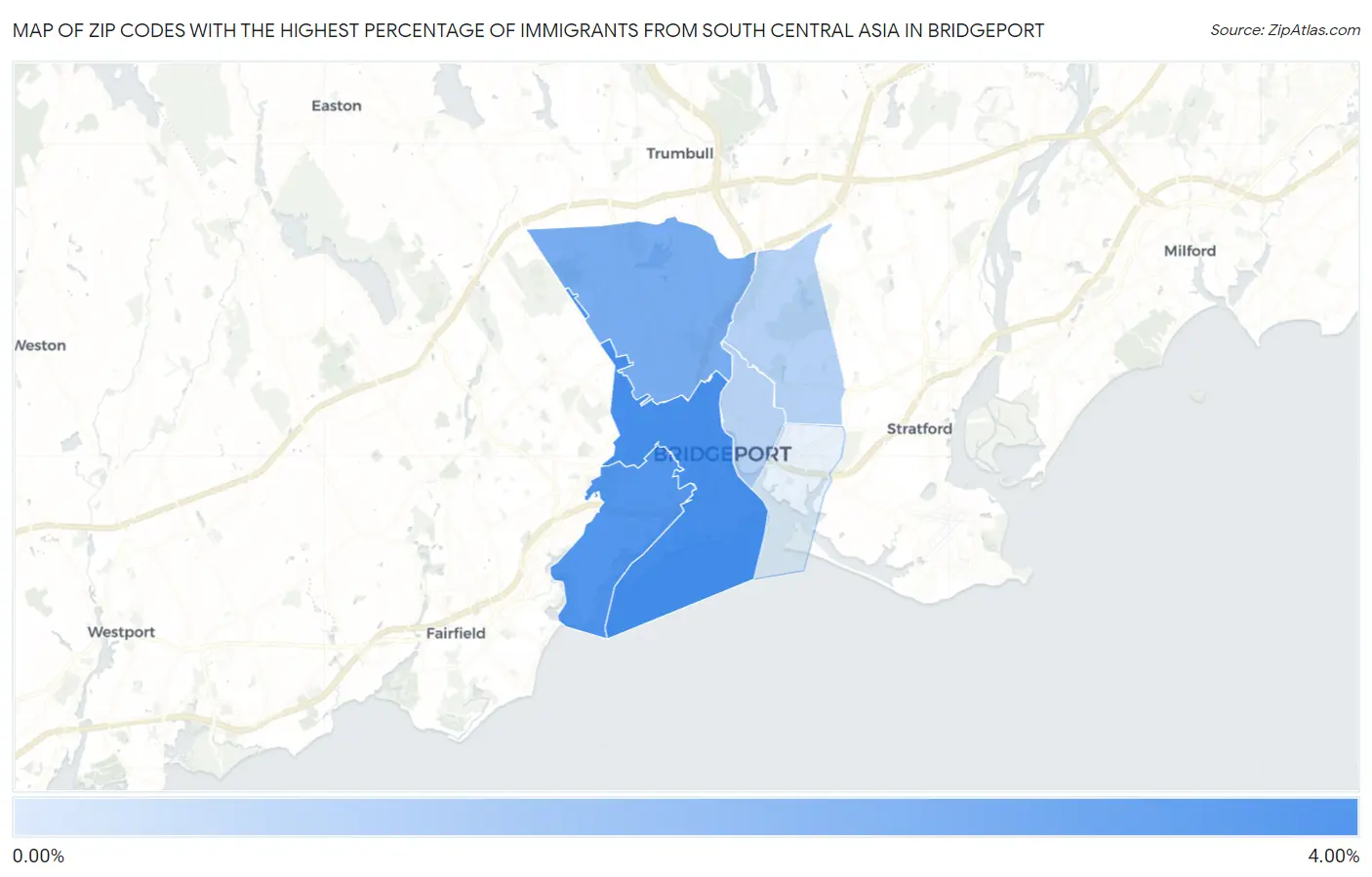 Zip Codes with the Highest Percentage of Immigrants from South Central Asia in Bridgeport Map