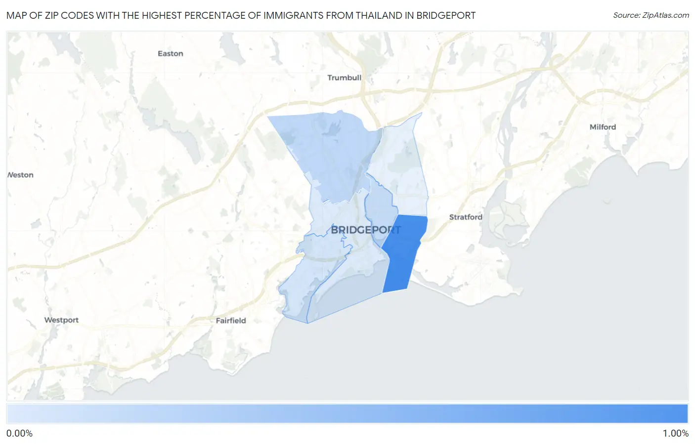 Zip Codes with the Highest Percentage of Immigrants from Thailand in Bridgeport Map