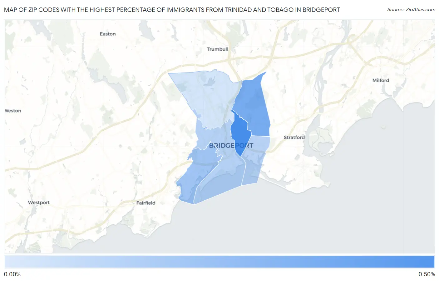Zip Codes with the Highest Percentage of Immigrants from Trinidad and Tobago in Bridgeport Map
