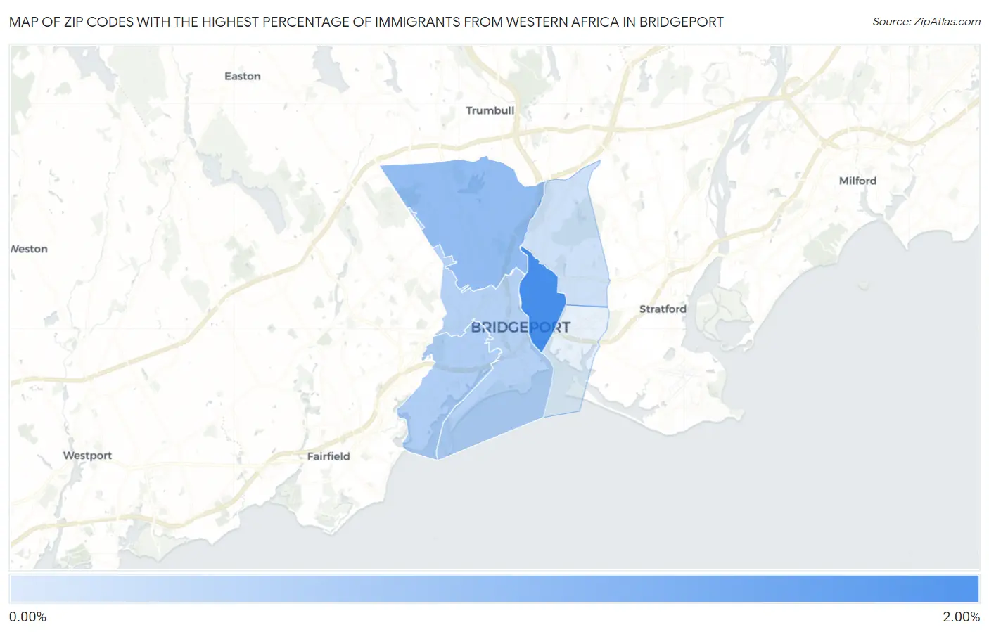 Zip Codes with the Highest Percentage of Immigrants from Western Africa in Bridgeport Map
