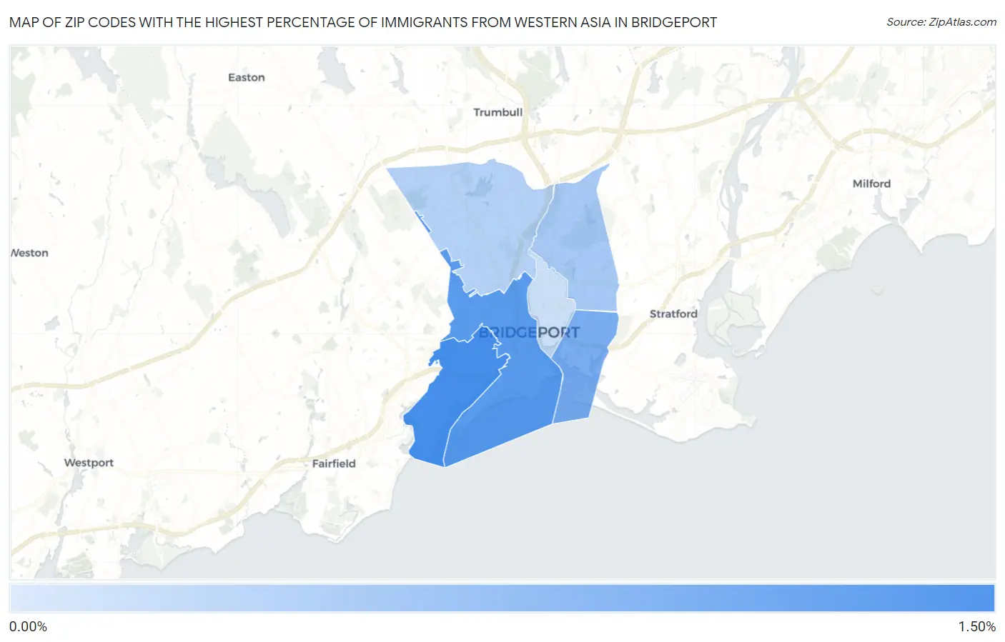 Zip Codes with the Highest Percentage of Immigrants from Western Asia in Bridgeport Map