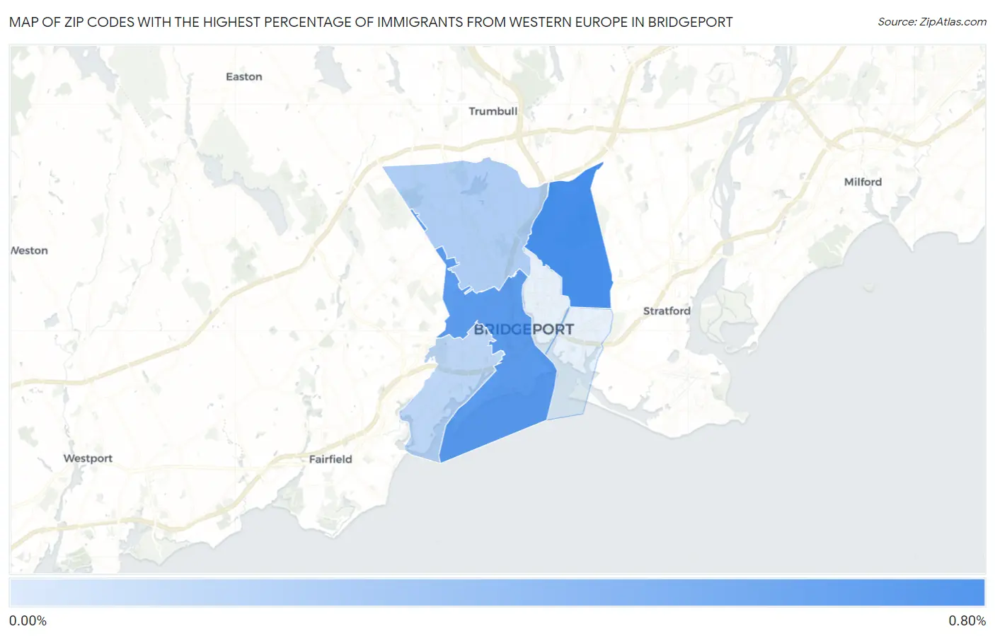 Zip Codes with the Highest Percentage of Immigrants from Western Europe in Bridgeport Map