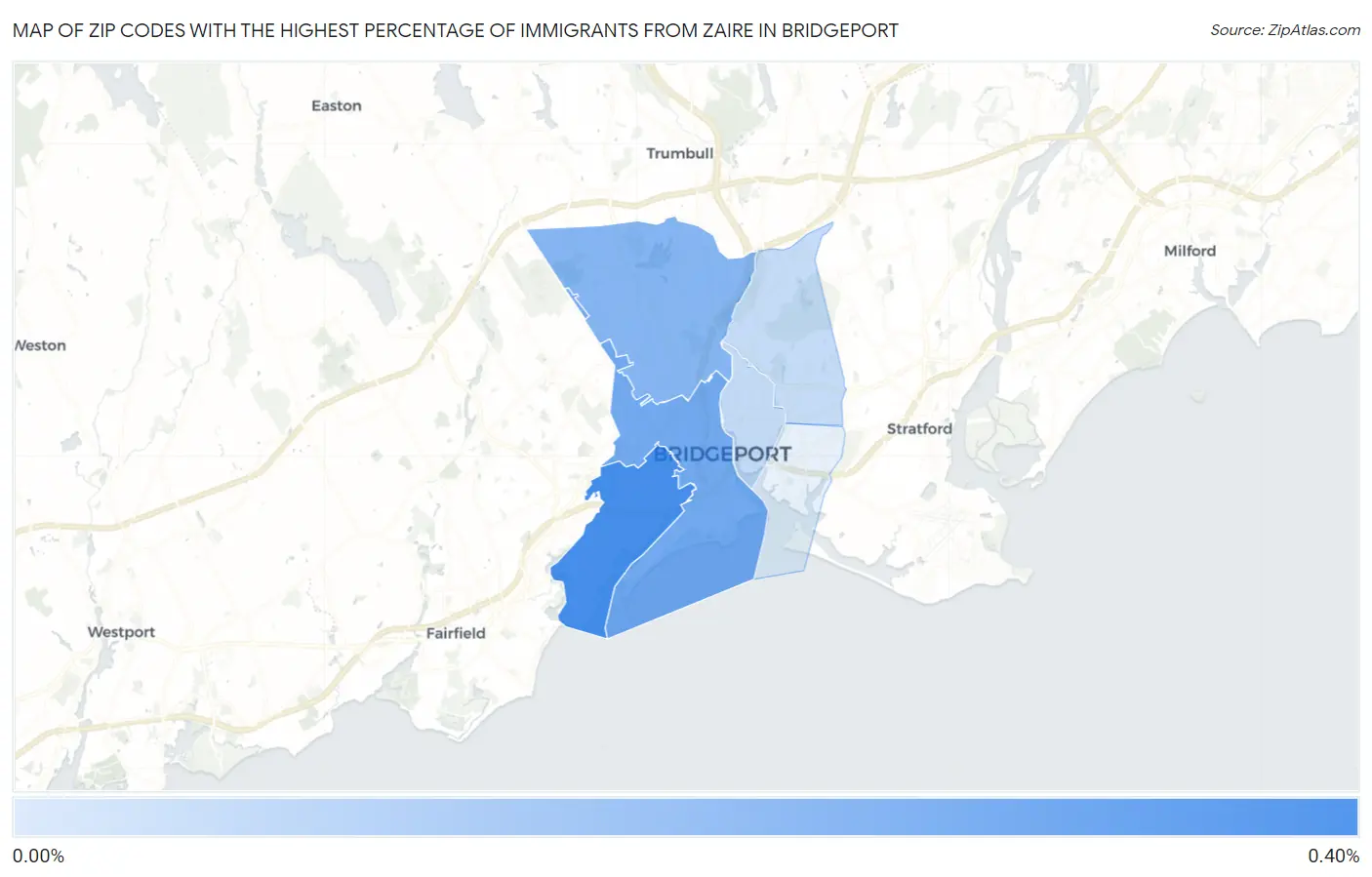Zip Codes with the Highest Percentage of Immigrants from Zaire in Bridgeport Map