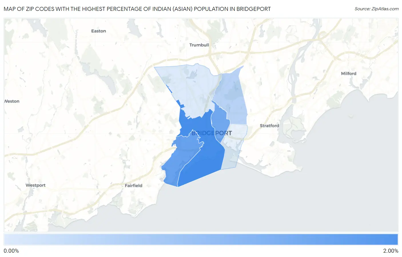 Zip Codes with the Highest Percentage of Indian (Asian) Population in Bridgeport Map