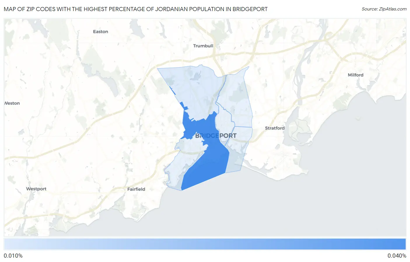Zip Codes with the Highest Percentage of Jordanian Population in Bridgeport Map