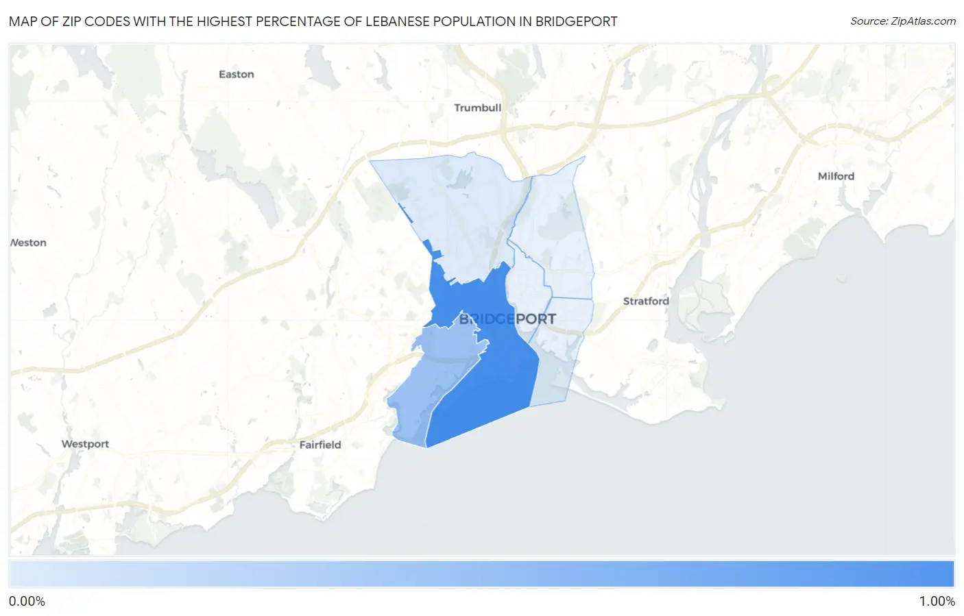 Zip Codes with the Highest Percentage of Lebanese Population in Bridgeport Map